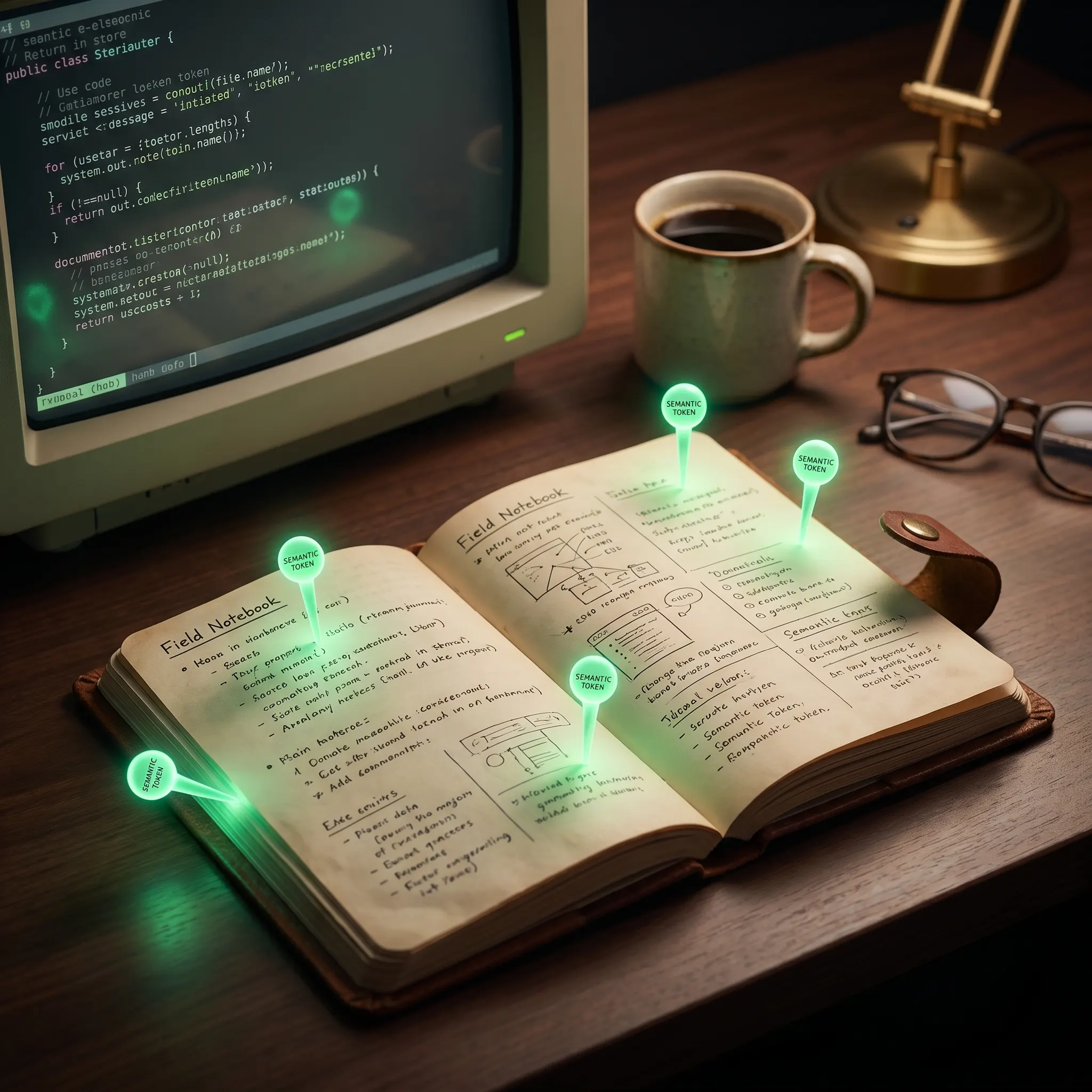 Field notebook beside a terminal window with semantic token pins