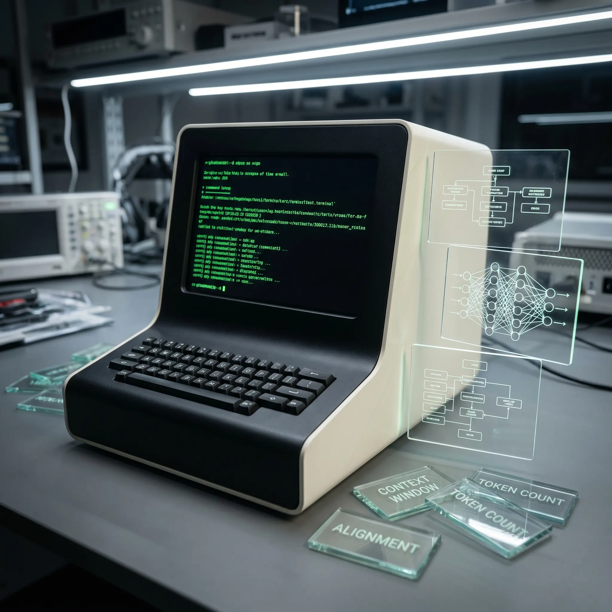 Editorial terminal desk with AI vocabulary tiles and model behavior traces